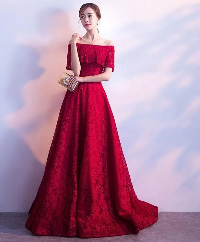 Burgundy Lace Sequins Long Prom Dress
