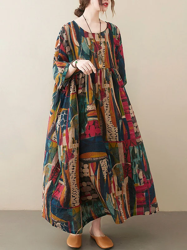 Vintage Loose Abstract Printed Pleated Round-Neck Half Sleeves Midi Dress