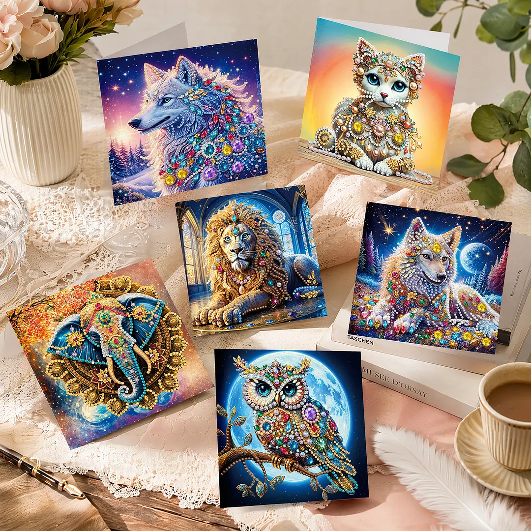 6pcs Gemstone Animals DIY Diamond Painting Greeting Card Kits with Envelopes Diamond Art Greeting Cards Diamond Art Cards Kits for Adults DIY Crafts Family Friend Gifts