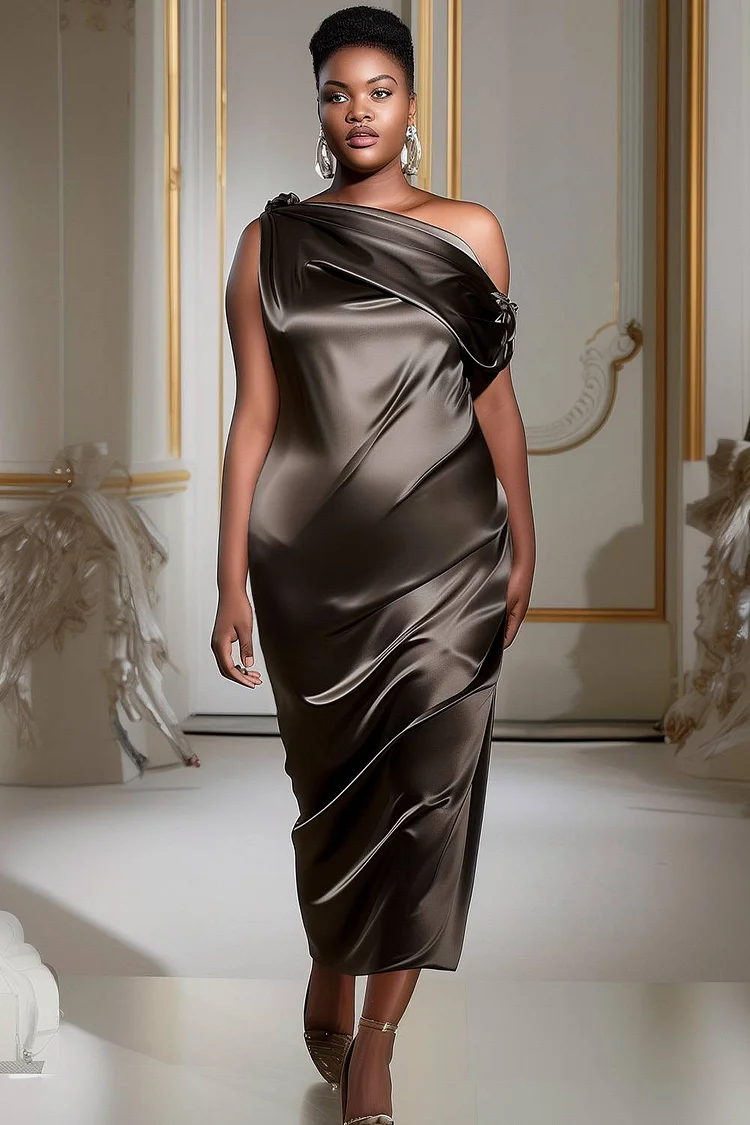 Xpluswear Design Plus Size Formal Grey Oblique Collar Satin Midi Dresses [Pre-Order]