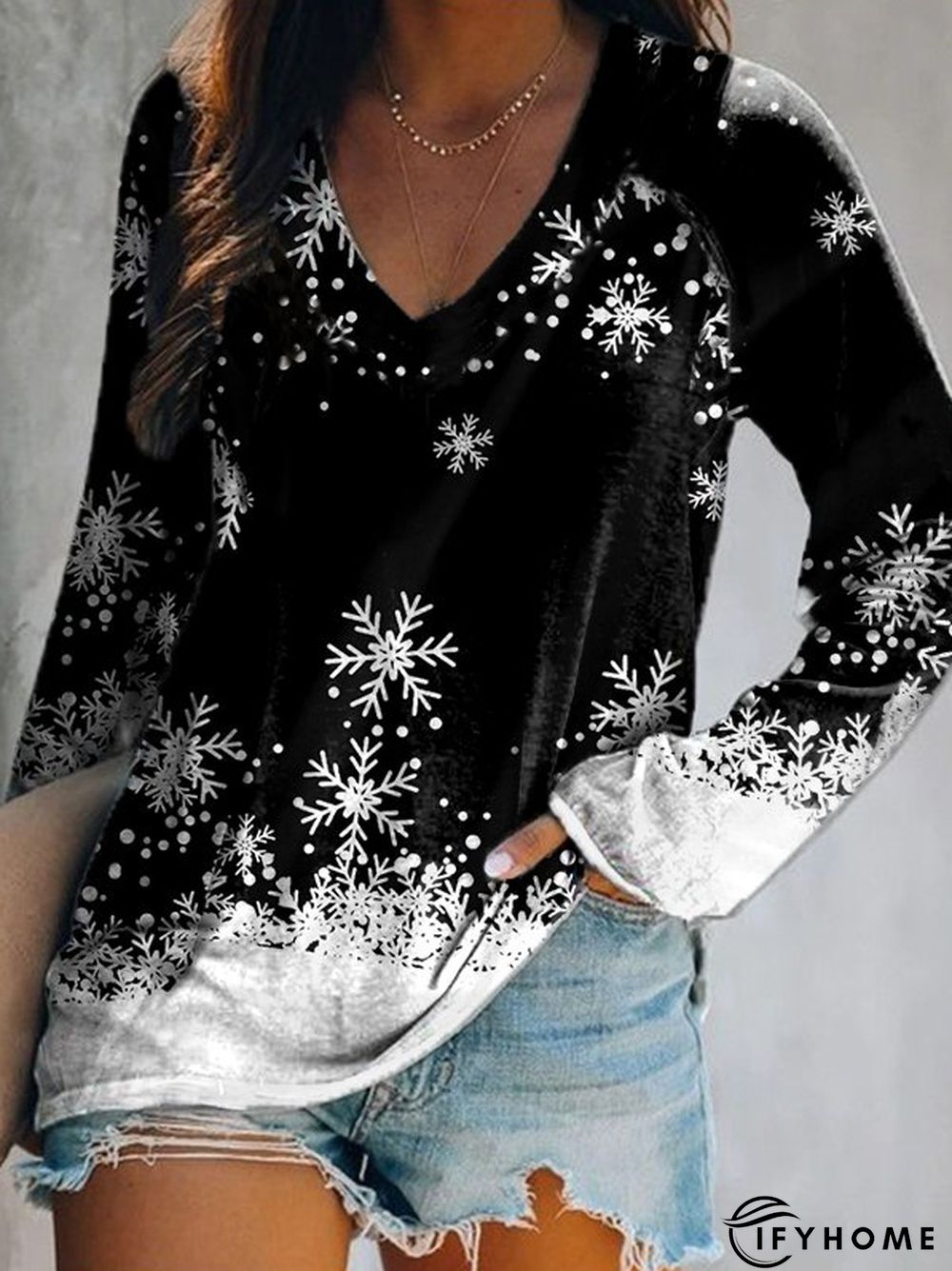 Long Sleeve V Neck Casual Printed T-shirt | IFYHOME