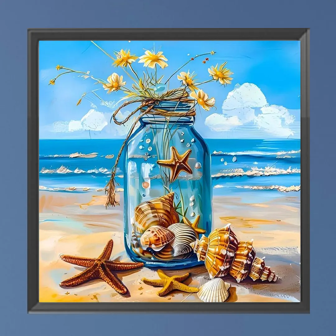 Beach Jar Full DIY 5D Square Drill Gem Art Diamond Painting Kits for Adults/Beginners Gift Idea Home Decor Diamond Dots Paintings Picture Arts Craft Crystal Art Paint by Diamond13.78x13.78in