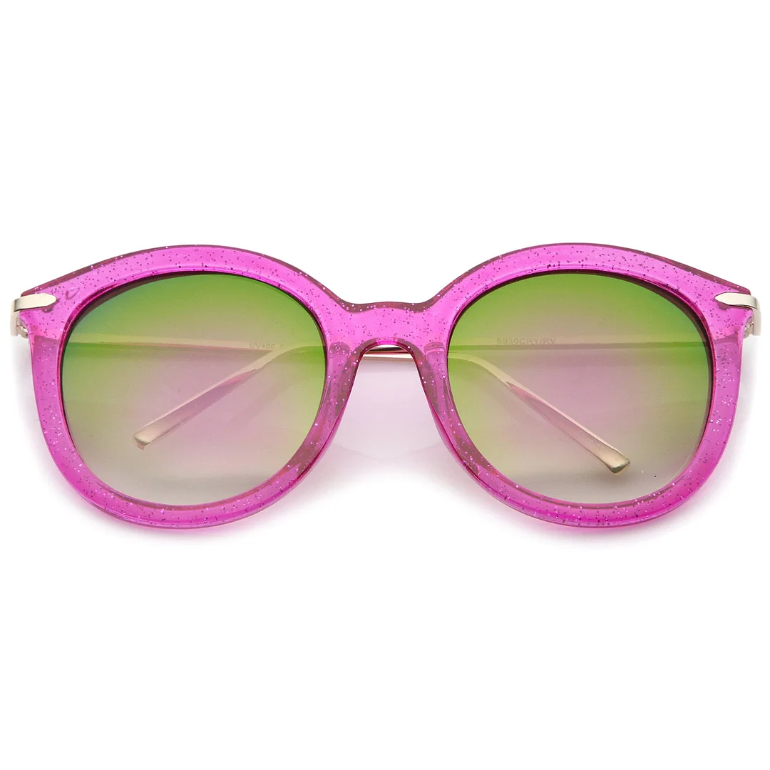 Women's Transparent Glitter Frame Ultra Slim Metal Temple Round glasses 56mm