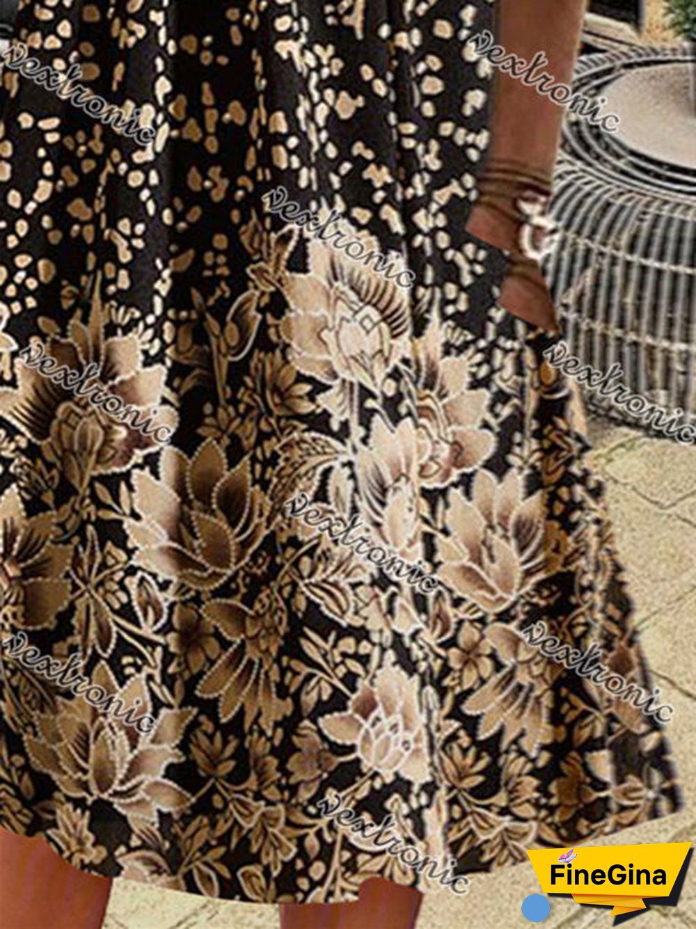 Women's Gold V-Neck Sleeveless Floral Printed Midi Dress