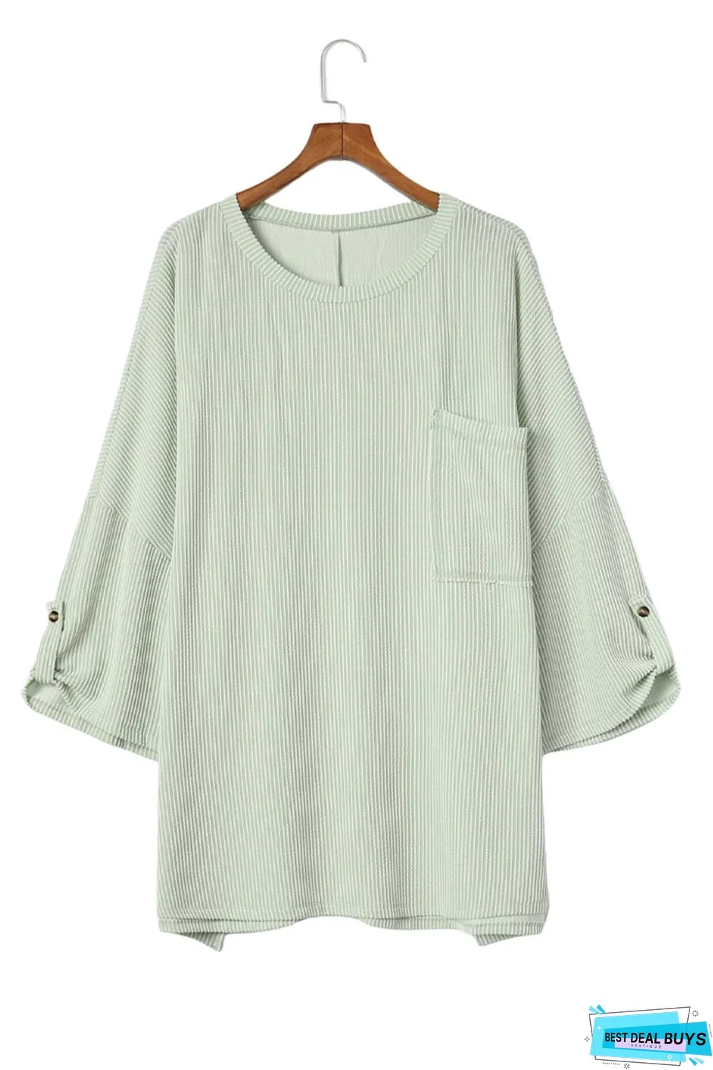 Ribbed Roll-tab Sleeve Oversize Top