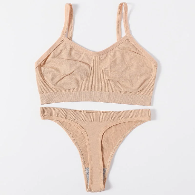 Women Seamless Bra Set Female Underwear Set Low Waist Thong Panties Comfort Bra Bralette Sexy Lingerie Brassiere Ribbed Top Suit