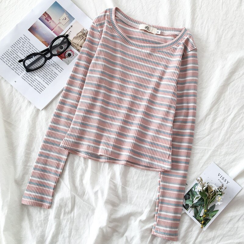 Tanguoant Women Long Sleeve T-shirt Striped Colorful Rainbow O-Neck Female Leisure Trendy Chic All-match Warm Lovely Basic Soft Fashion