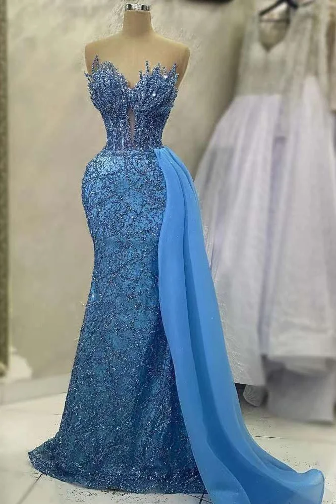 Classy Blue Mermaid Sleeveless Beads Prom Dress With Ruffle | Ballbellas Ballbellas