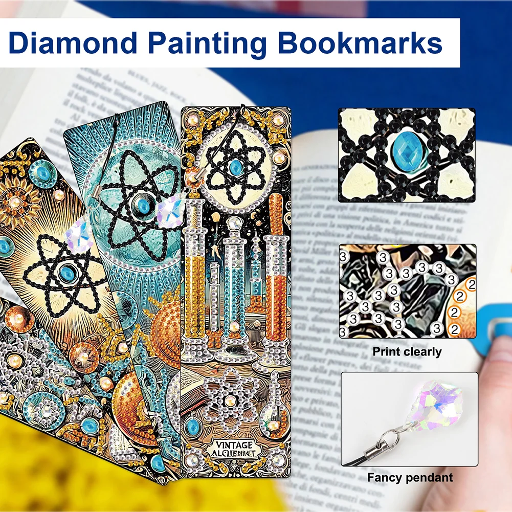 8Pcs DIY Skull Diamond Painting Art Bookmarks with Crystal Pendants for Gift