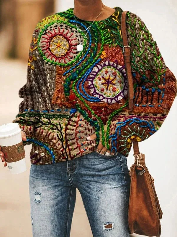 Women's Stitch Flower Art Print Sweatshirt