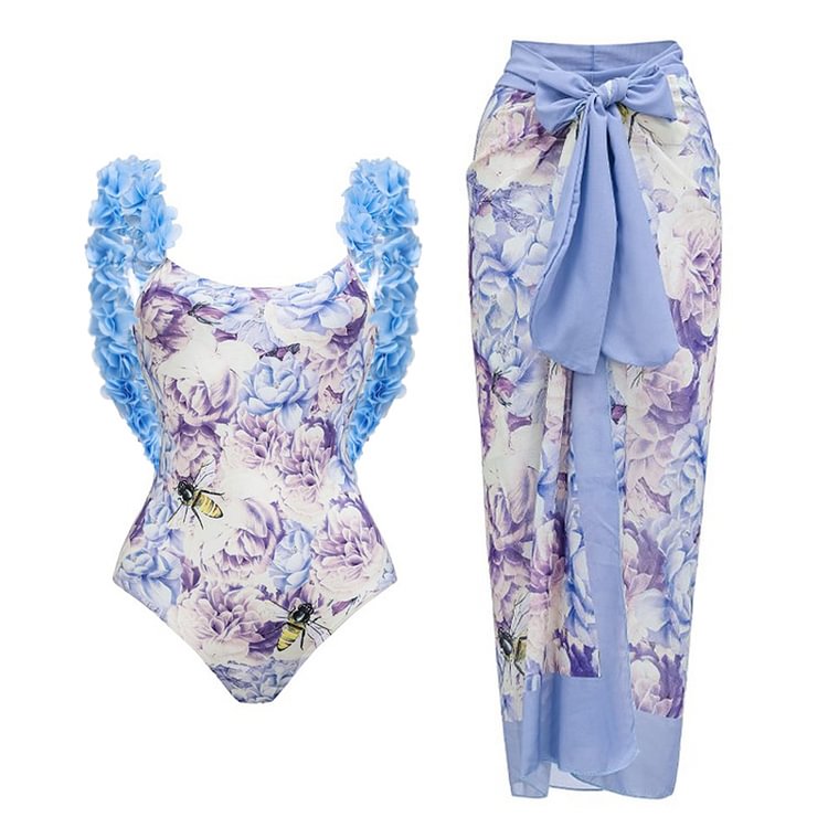 Flaxmaker Appliques Bee Print One Piece Swimsuit and Sarong