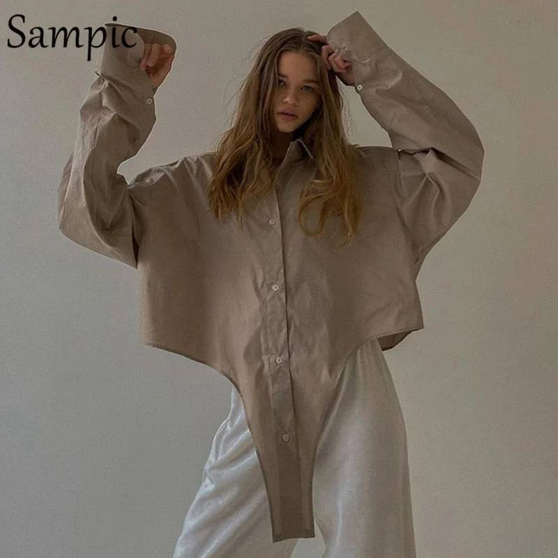 Sampic Casual Women Turn Down Collar Loose Long Sleeve Blouse Tops Office Ladies Khaki White Long Summer Autumn Shirt Tops