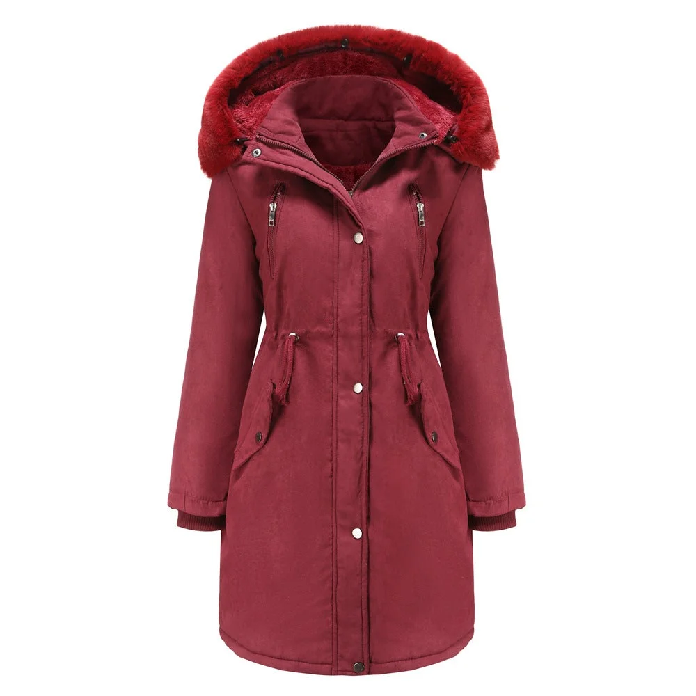 Women's Suede Padded Detachable Hat Large Fur Collar Jacket