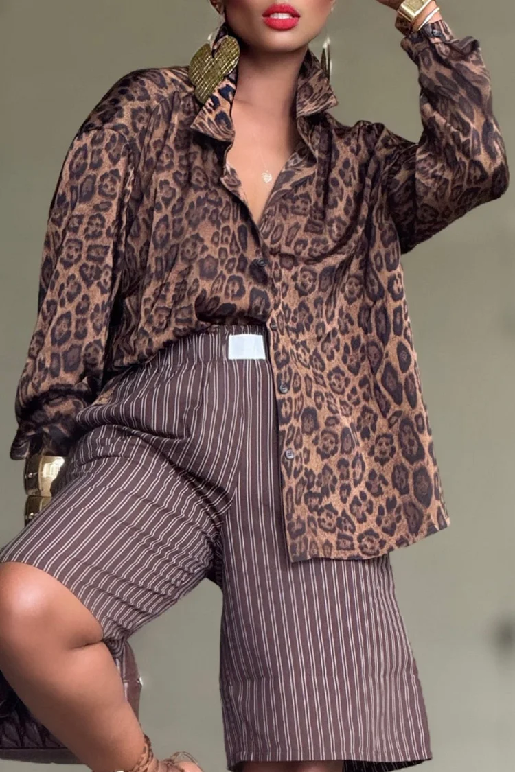 Plus Size Daily Brown Leopard Shirt Collar Long Sleeve Pocket Vintage Blouses [Pre-Order] 2024 - Xpluswear