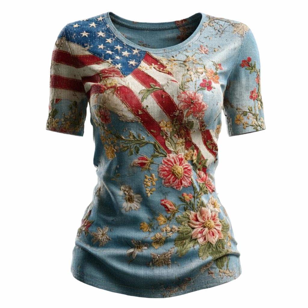 Women's Vintage American Flag 250th Anniversary Floral Print Short-Sleeve Crew Neck Light Blue T-Shirt - Helixace