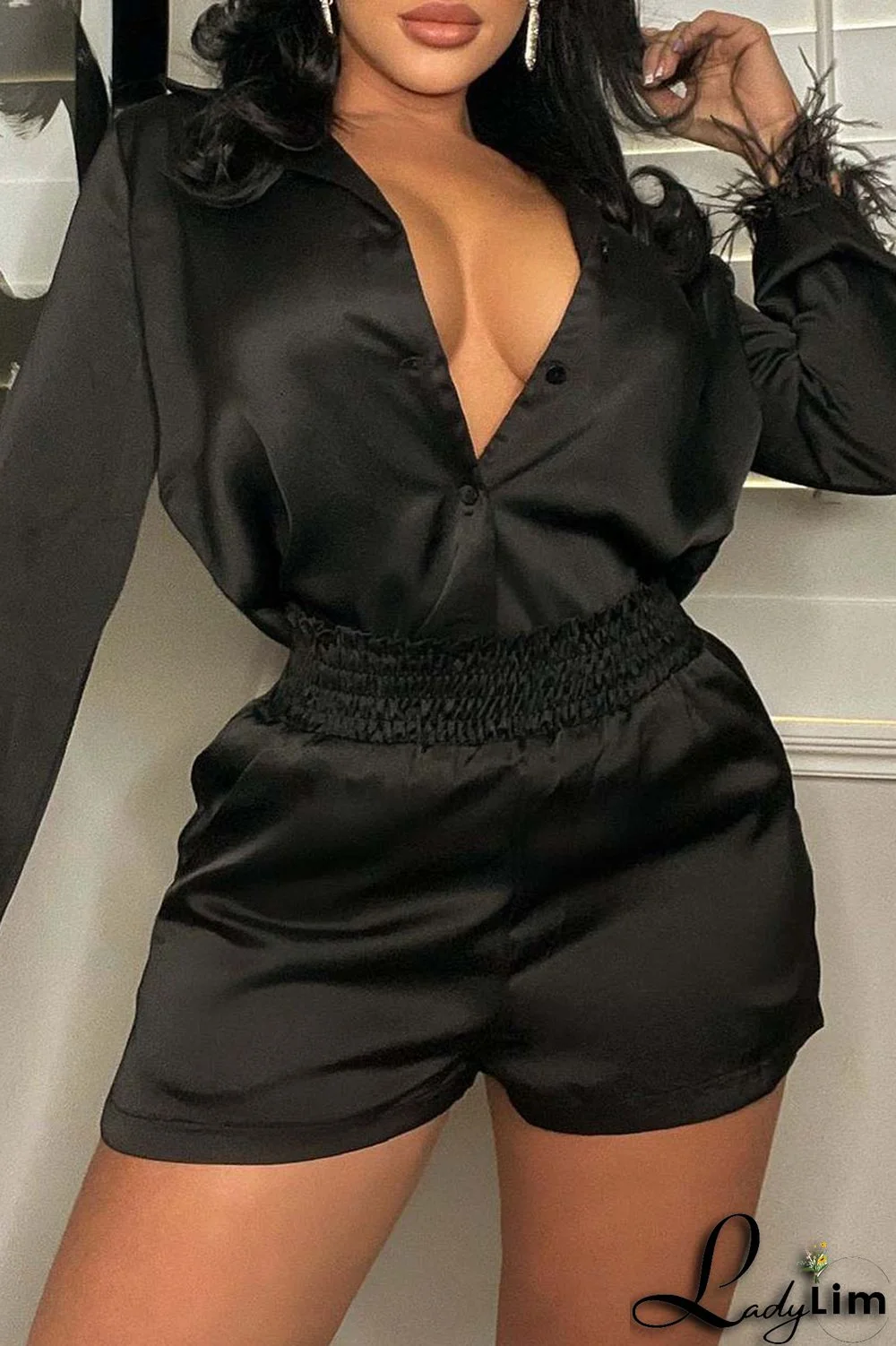 Royal Blue Casual Solid Split Joint Buckle Feathers Turndown Collar Long Sleeve Two Pieces