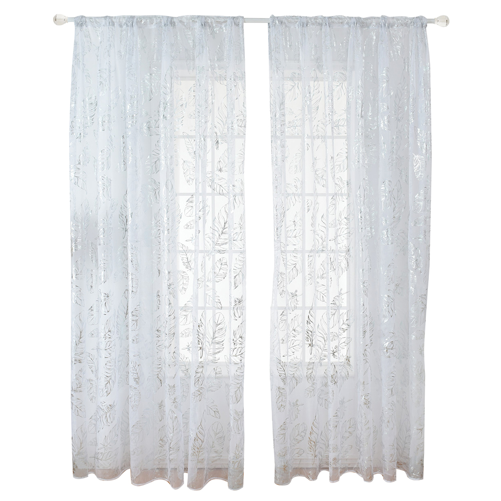 

Feather Print Tulle Curtains Half Blackout Bedroom Window Screen (Silver, 501 Original