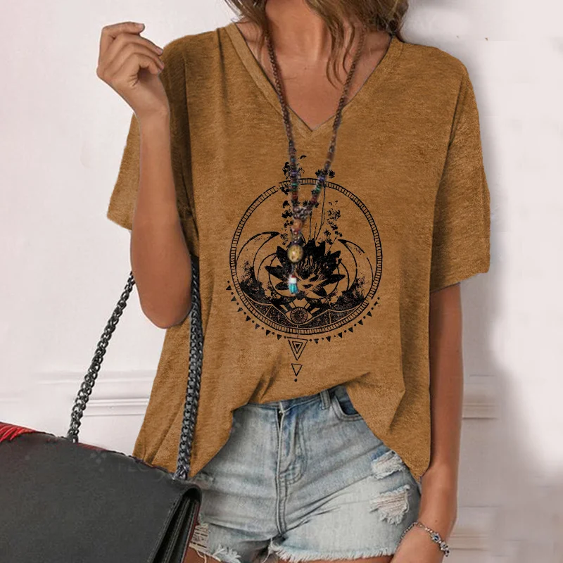 Unique Floral Lotus Moon Print T-shirt