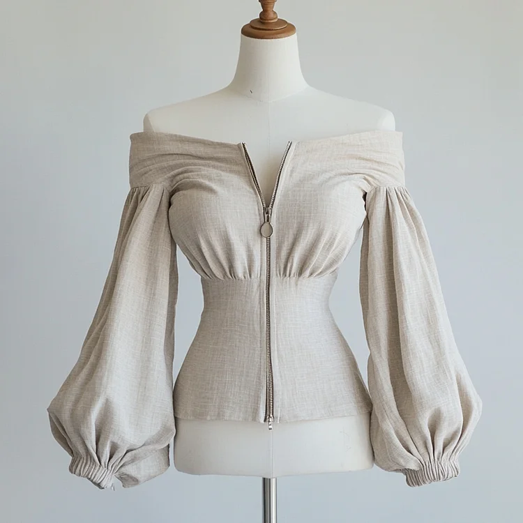 Ursime Cotton And Linen Off Shoulder Lantern Sleeve Zipper Blouse