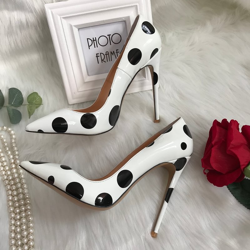 White Patent Leather Black Polka Dot High Heels-PABIUYOU- Women's Fashion Leader