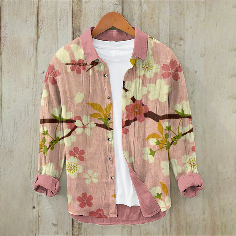 Comstylish Men's Vintage Japanese Art Sakura Casual Linen Blend Shirt