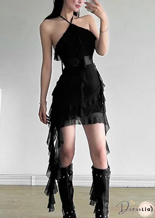 Sexy Black Ruffled Lace Up Tulle Mid Dress Sleeveless