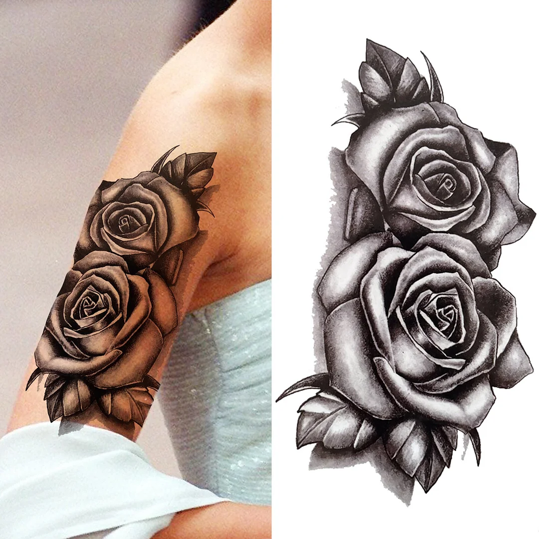 Sdrawing Compass Lion Rose Temporary Tattoo For Men Adults Realistic Fake Tiger Crown Cross Tattoo Sticker Thigh Half Sleeve Tatoo