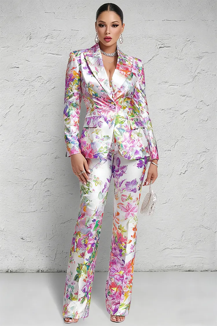 Xpluswear Design Plus Size Formal Multicolor Floral Lapel Collar Long Sleeve Pocket Satin Two Piece Pant Suits [Pre-Order] 2024 - Xpluswear