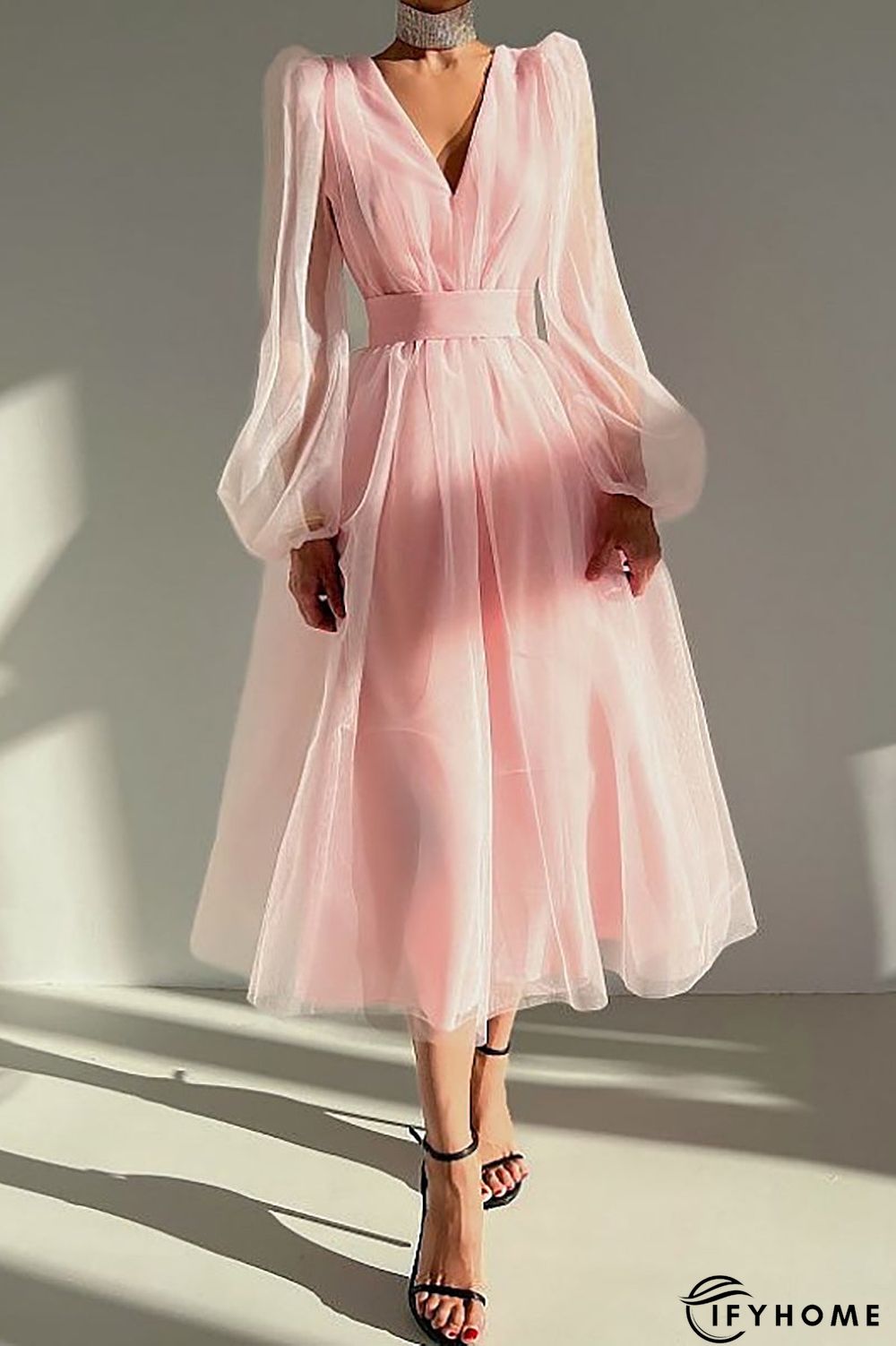 V Neck Tulle Long Sleeve Midi Dress | IFYHOME