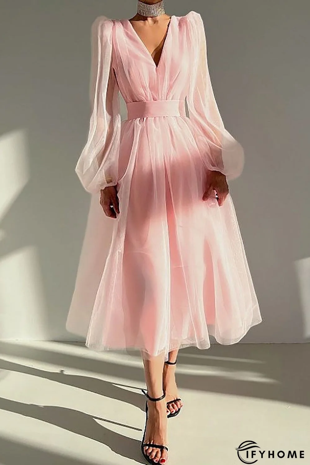 V Neck Tulle Long Sleeve Midi Dress | IFYHOME