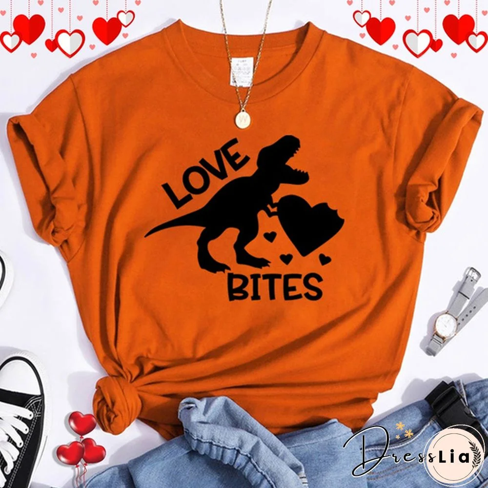 Cool Summer T-Shirt Valentine'S Day Love Dinosaur Bites Print Short Sleeve Women Fashion Casual Outdoor Shirts Tops