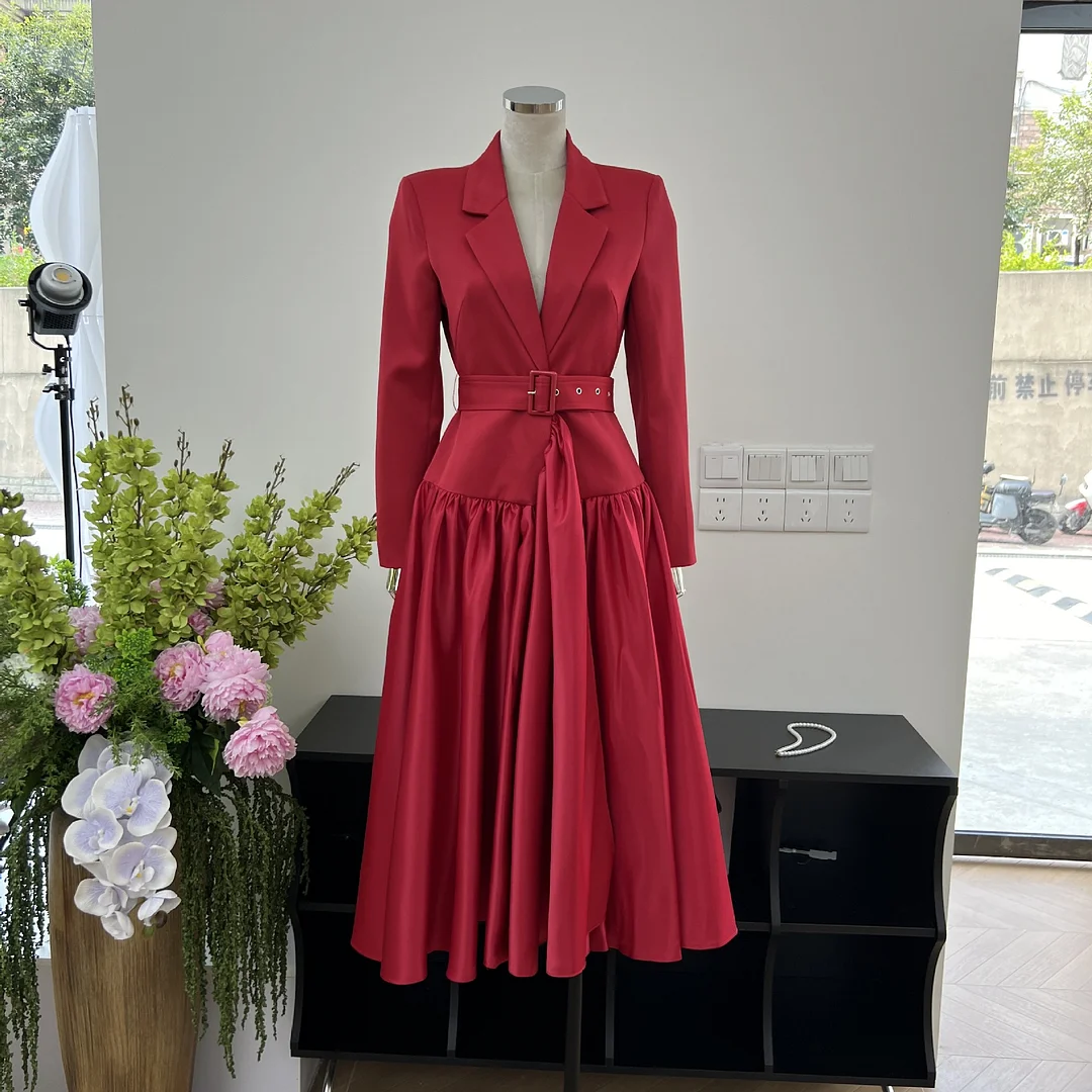 Brownm British Autumn New Suit Dress A Buckle Splicing Big Swing Dress Fashion Mature Temperament