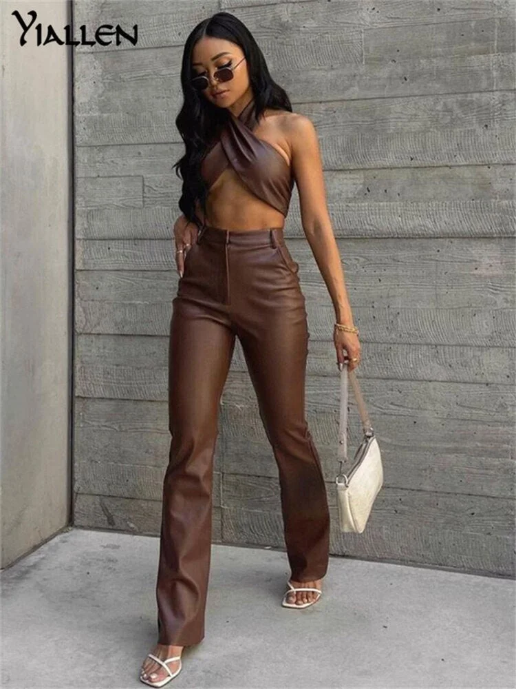 Yiallen  Autumn New PU leather Set Women Halter Sleeveless Crop Top And High Waist Straight Long Pants Casual Two Pieces Sets