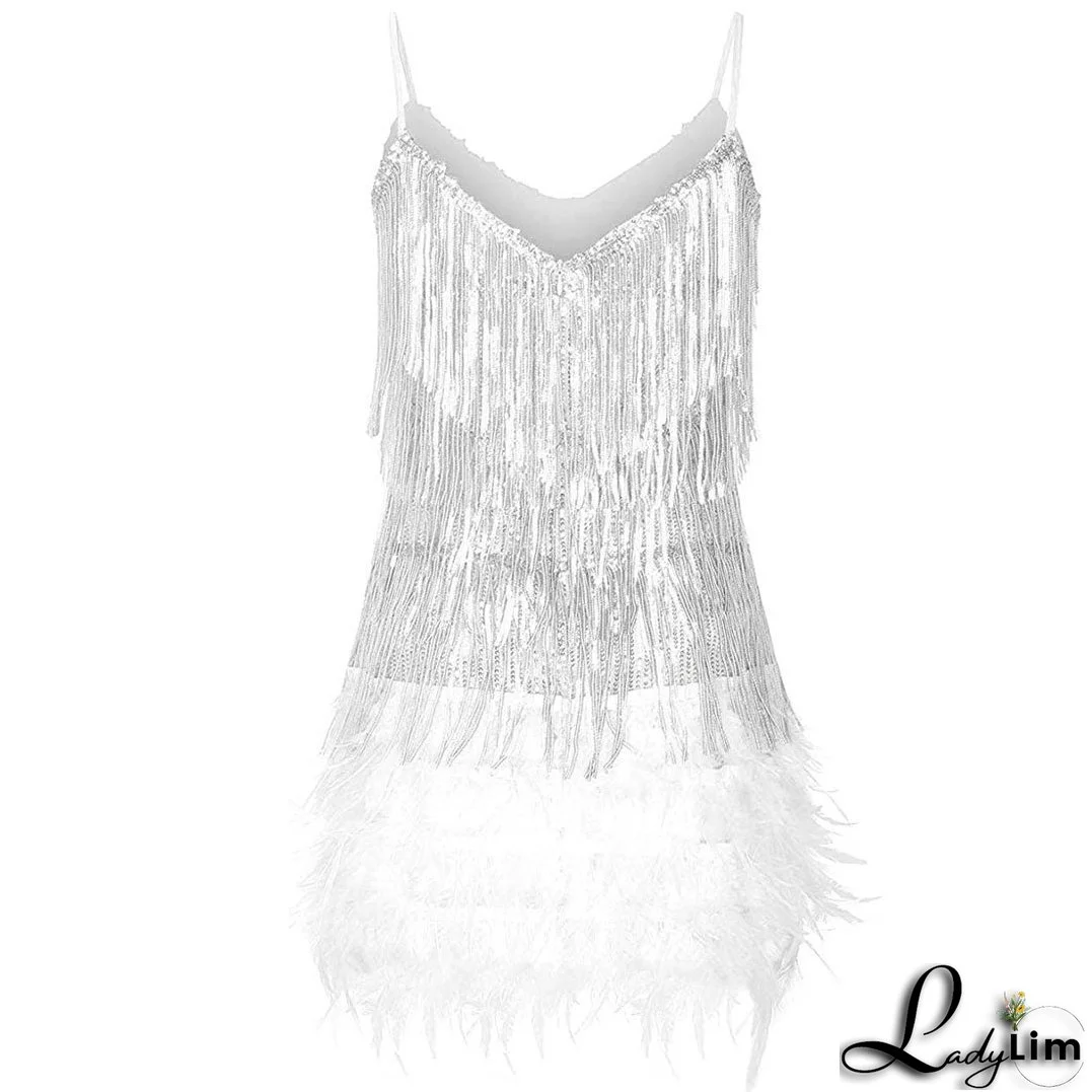 Shimmery Scoop Neck Sequin Fringe Feather Slip Flapper Mini Dress - White