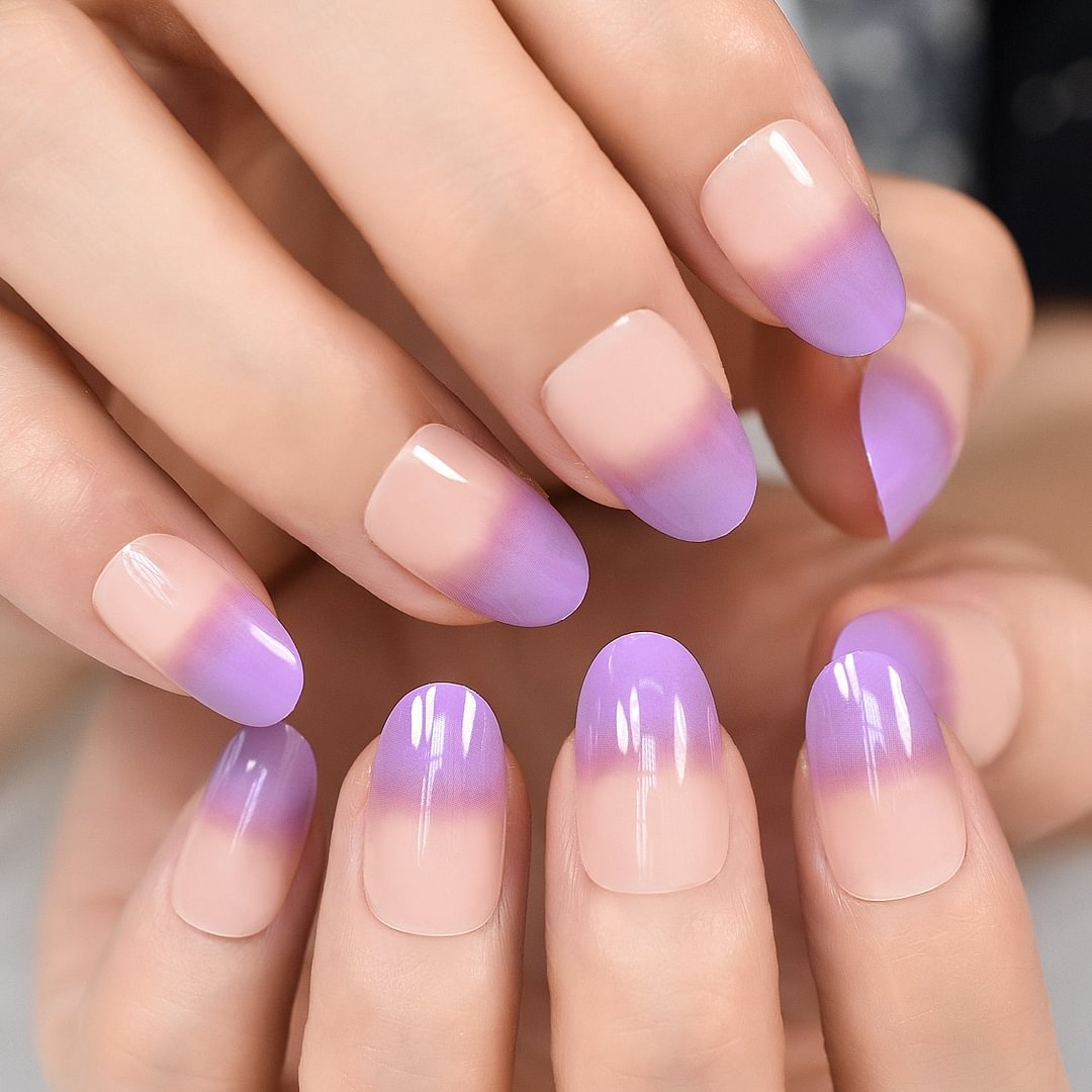 Purple Top French Short Almond Press On Nail Tips Uv Gel Fingernails Salons At Home Daily Wear Manicure Office Working With Tabs