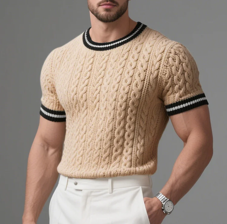 Okaywear Cable Knit Striped Trim Crew Neck Short Sleeve T-Shirt Okaywear
