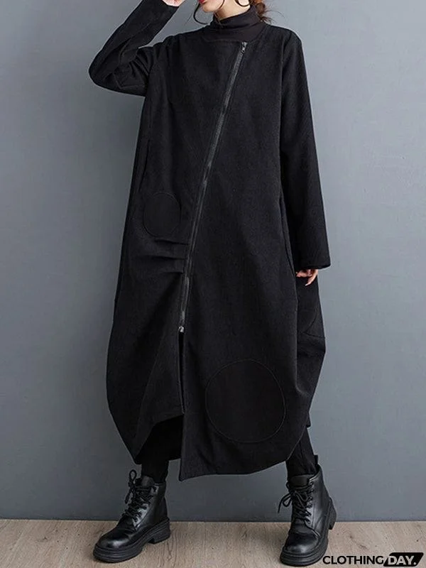 Long Sleeves Loose Asymmetric Pleated Polka-Dot Split-Joint Zipper High-neck Midi Dresses Outerwear