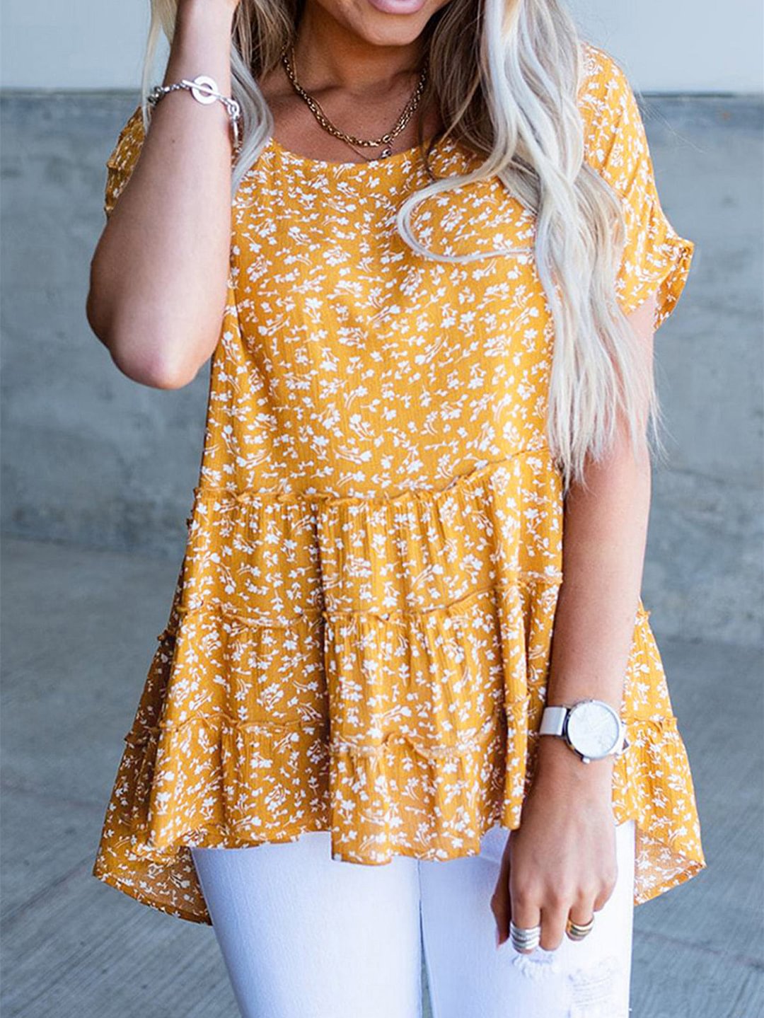 Women's Floral Print Ruffled Casual T-shirt