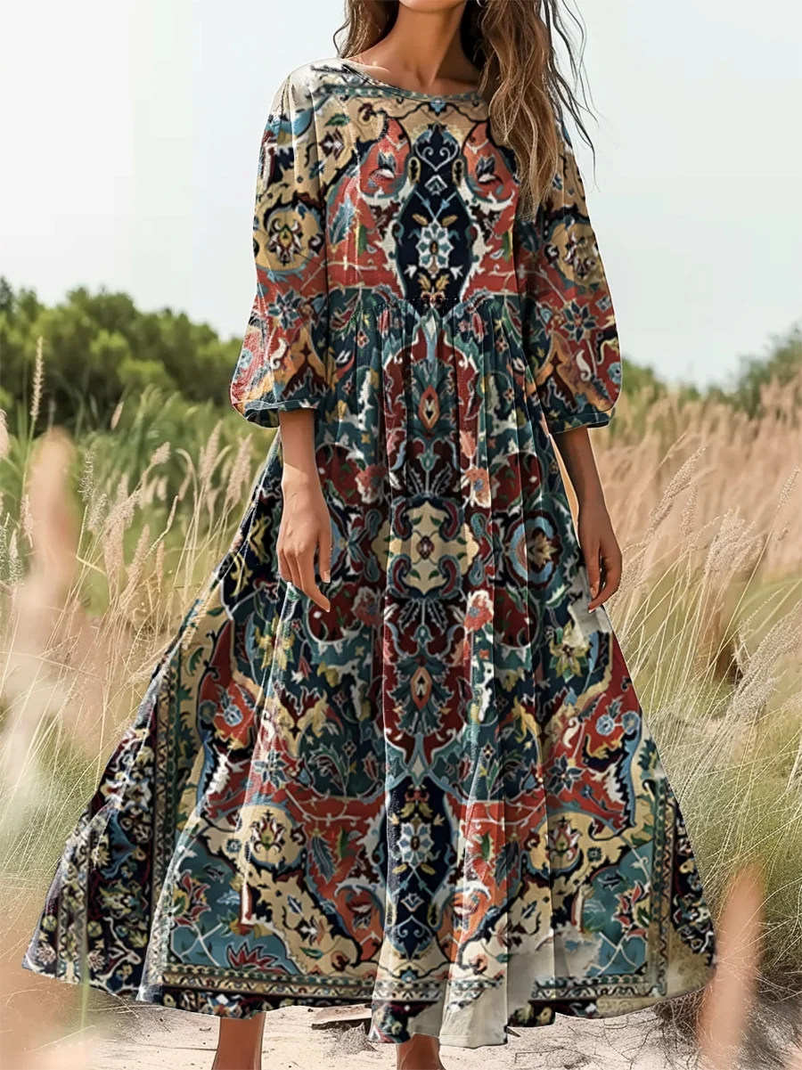 Women's Retro Ethnic Totem Art Print Flowy Cotton Crew Neck Dress