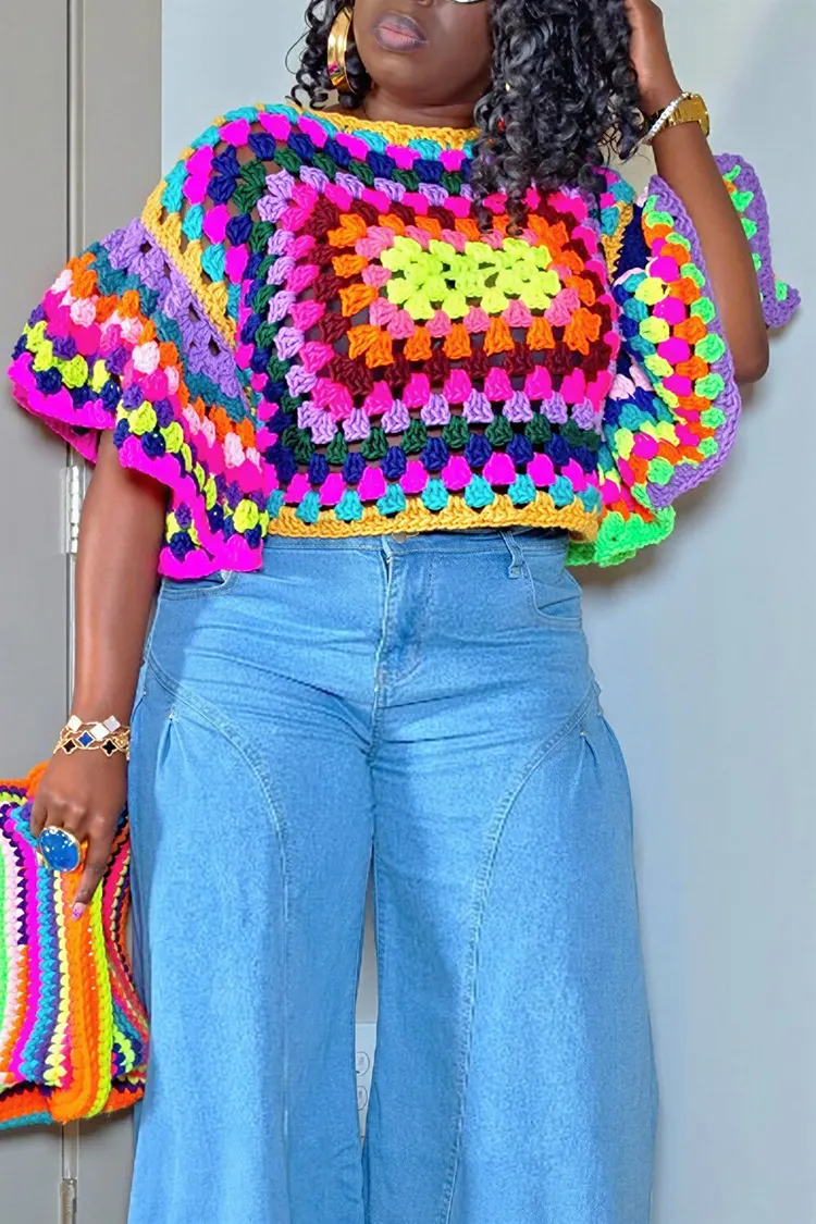 Plus Size Party Casual Rainbow Round Neck Crochet Tops [Pre-Order] 2024 - Xpluswear