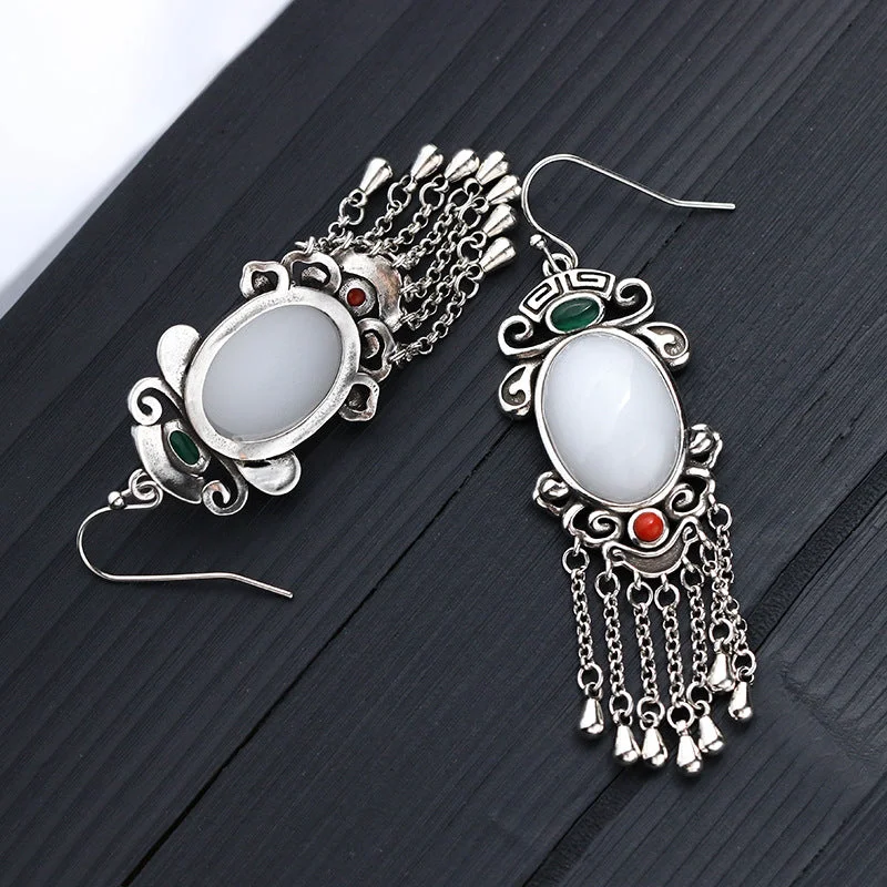 White Jade Tassel Vintage Chinese Style Drop Dangle Earrings