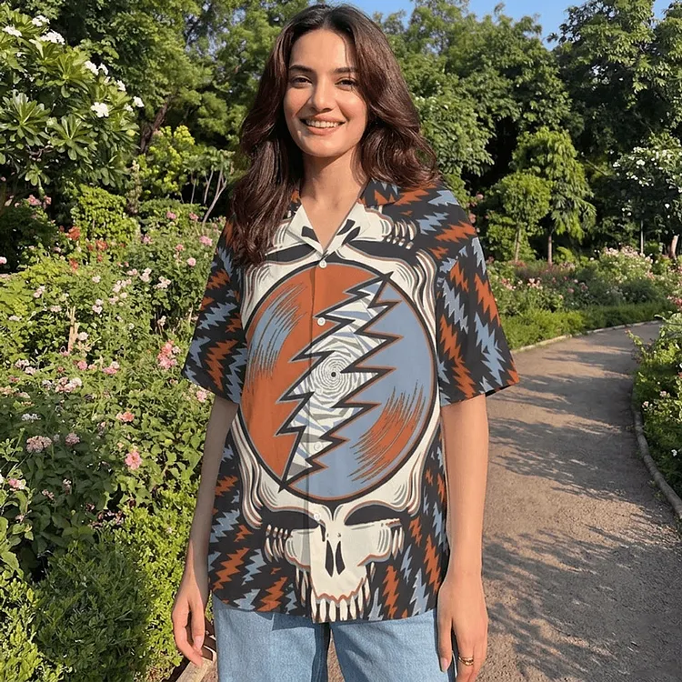 Vintage Grateful Dead Skull & Bear &Terrapin Graphic Cuban Collar Short Sleeve Shirt &ndash; Unisex Retro Cotton Top