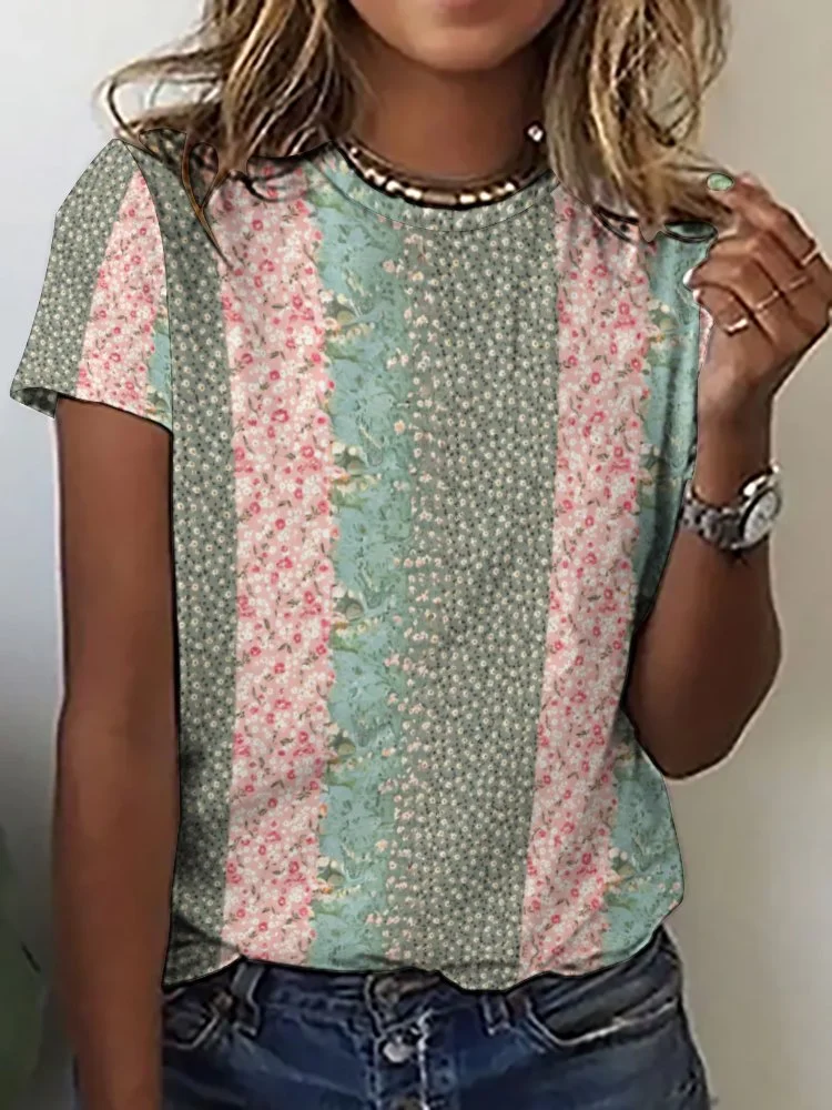 Printed Short Sleeve Casual T-shirt for  Women and Men Unisex Pattern Floral,Pink,Green,Stitch