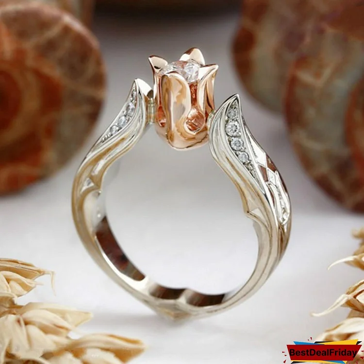 New luxury fashion party engagement ring exquisite women's 925 sterling silver and 18K rose gold flower ring natural white sapphire diamond anniversary gift jewelry bride wedding ring size 5-11