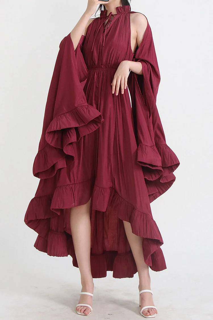 Pleated V Neck Caped Sleeve Ruffled Hemline Gowns Midi Dresses