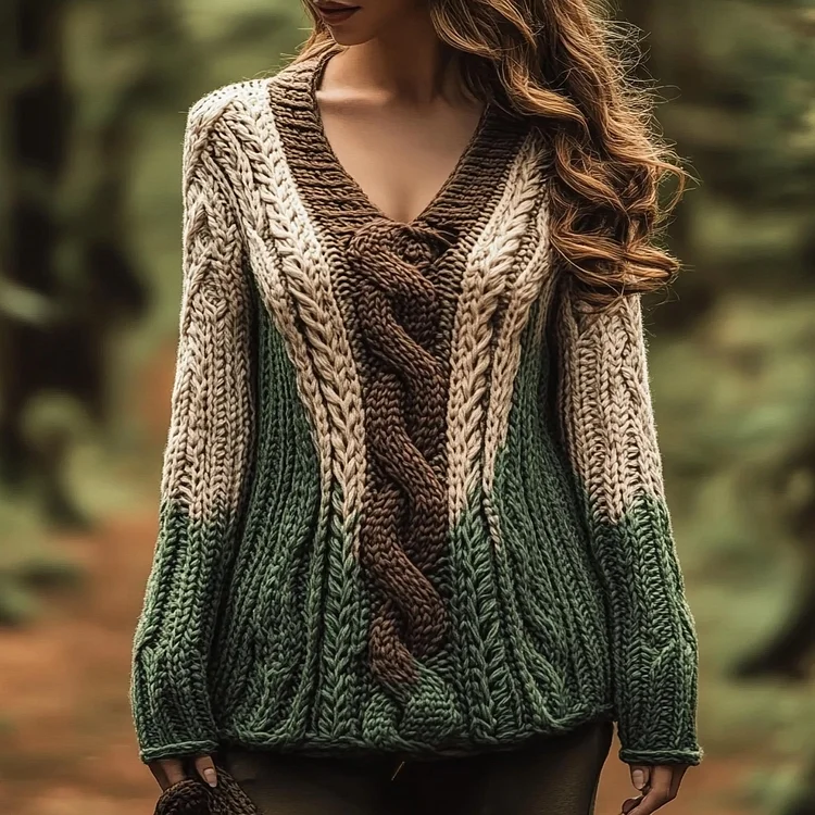 Women's Celtic Knotted Contrast Gradient V-neck Sweater