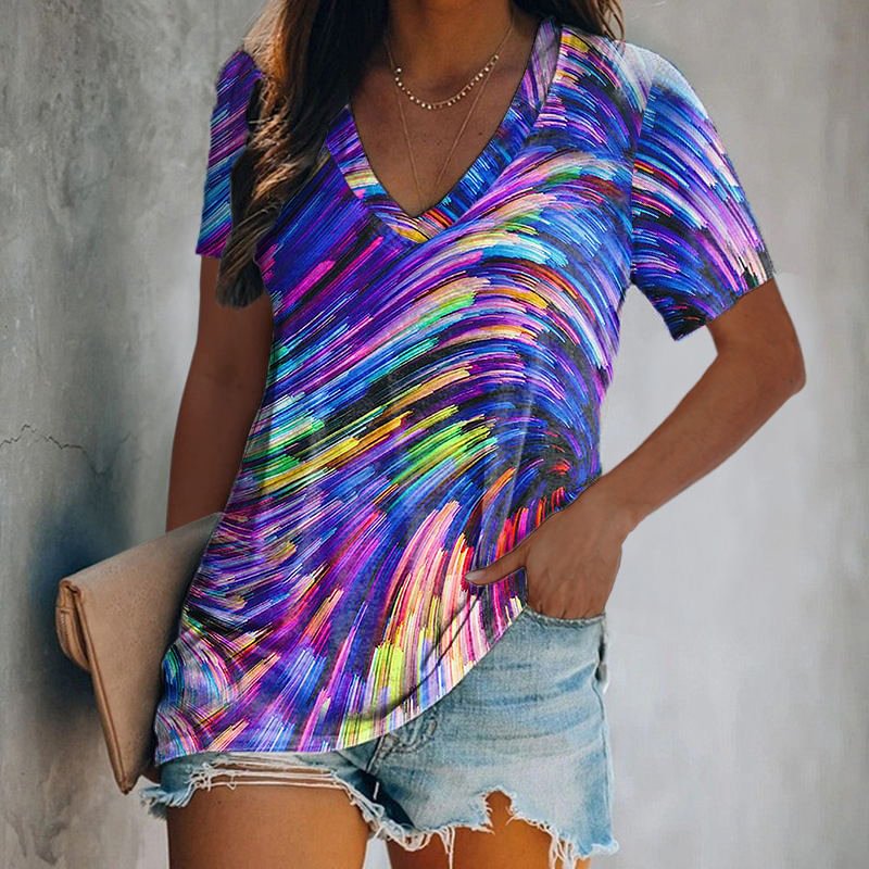 Optical Colorful Lines Print Tie-dye T-shirt