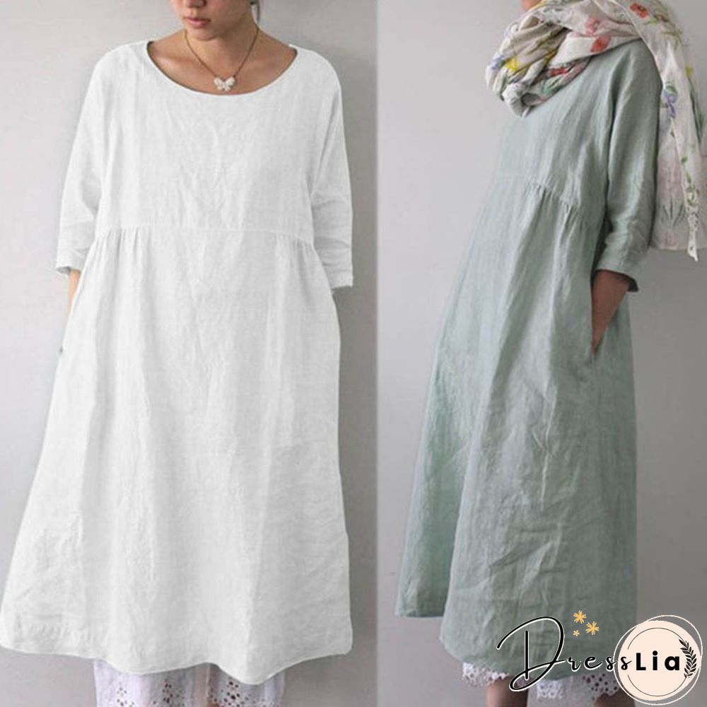 ZANZEA Women O-Neck 3/4 Sleeve Solid Color Loose Shirt Dress Kaftan Dress Plus Size S-5XL