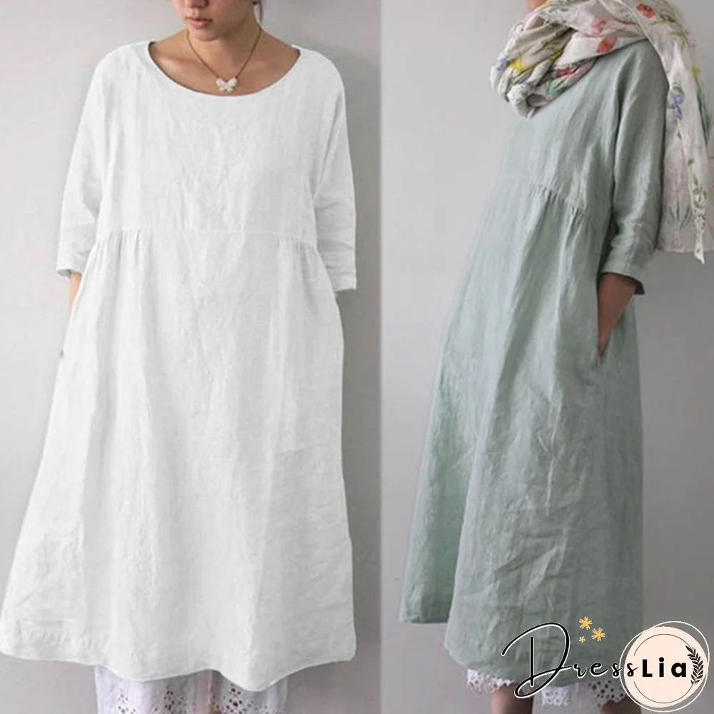 ZANZEA Women O-Neck 3/4 Sleeve Solid Color Loose Shirt Dress Kaftan Dress Plus Size S-5XL