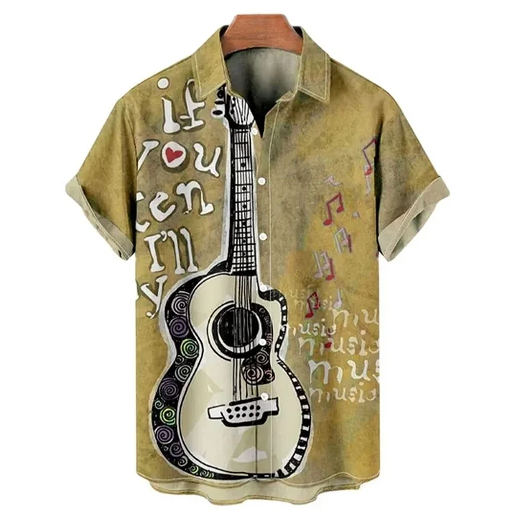 Traceeye Guitar Pattern 3D Printed Shirt Man/Women Casual Fashion Short Sleeves Shirts Button Lapel Streetwear Oversized Unisex Clothing